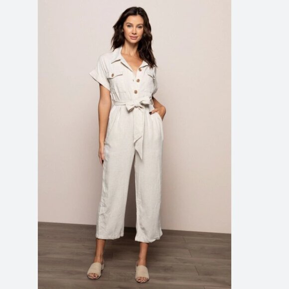 Lost + Wander Pants - LOST + WANDER LINEN BLEND SAFARI BELTED CROPPED JUMPSUIT IN BEIGE - S